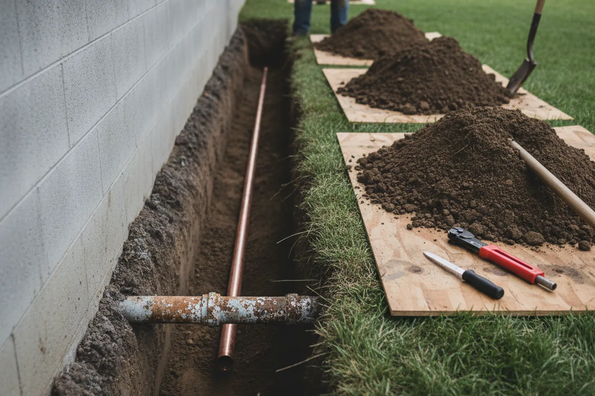 Excavated water line trench during Water Softener Installation in Lewis Center